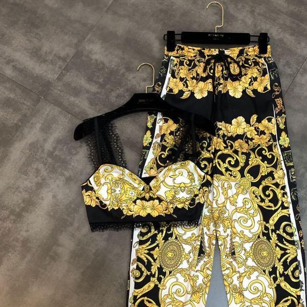 2021 spring summer yellow floral print lace short dew navel camis long pants two piece women sets, Gray
2021 spring summer yellow floral print lace short dew navel camis long pants two piece women sets, Gray