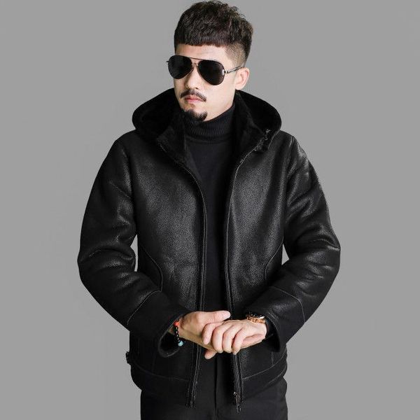men's leather & faux haining 2021 high-grade fur integrated original ecological real wool hooded detachable winter coat, Black
men's leather & faux haining 2021 high-grade fur integrated original ecological real wool hooded detachable winter coat, Black