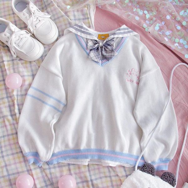 preppy jk soft sister v-neck knitted sweater female japanese harajuku kawaii embroidery jumper women spring autumn, White;black
preppy jk soft sister v-neck knitted sweater female japanese harajuku kawaii embroidery jumper women spring autumn, White;black