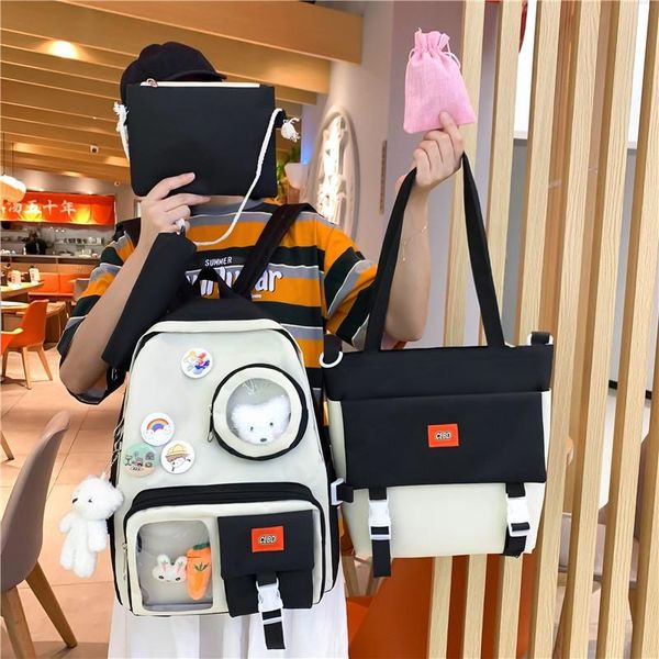 school bags 5-piece fashion women's backpack cute pendant bag for girls trend badge canvas large capacity with many pockets 
school bags 5-piece fashion women's backpack cute pendant bag for girls trend badge canvas large capacity with many pockets