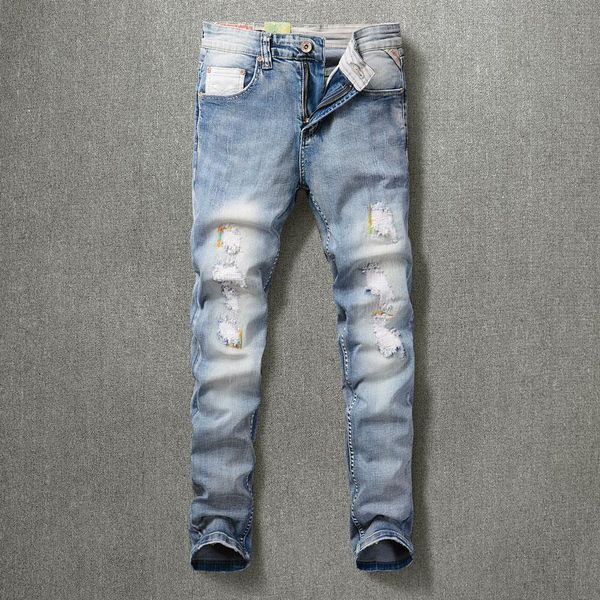 men's jeans american streetwear fashion men retro light blue slim fit destroyed ripped embroidery designer denim punk pants 
men's jeans american streetwear fashion men retro light blue slim fit destroyed ripped embroidery designer denim punk pants