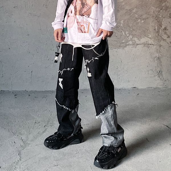 new 2021 color block hole tassel streetwear jeans men and women straight fringe washed loose denim pants hip hop casual trousers 5uxo, Blue 
new 2021 color block hole tassel streetwear jeans men and women straight fringe washed loose denim pants hip hop casual trousers 5uxo, Blue
