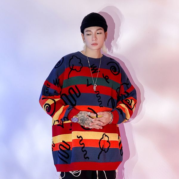 sweater knit color matching rainbow stripe men bf lazy style loose round neck long sleeve street trend pullover, White;black
sweater knit color matching rainbow stripe men bf lazy style loose round neck long sleeve street trend pullover, White;black
