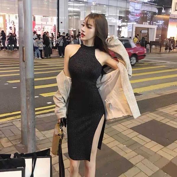 hanging neck slim high waist dres knitted stretch slit party summer 210604, Black;gray
hanging neck slim high waist dres knitted stretch slit party summer 210604, Black;gray