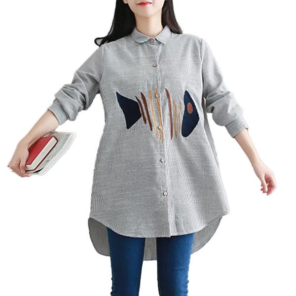 women's blouses & shirts daiqianni fish embroidery blouse women 2021 autumn cotton linen striped shirt long style camisas mujer gray bl, White
women's blouses & shirts daiqianni fish embroidery blouse women 2021 autumn cotton linen striped shirt long style camisas mujer gray bl, White
