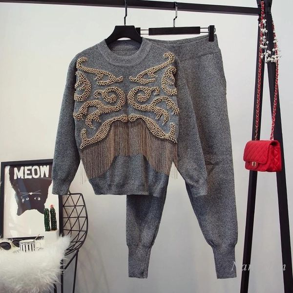 new women's 2 piece sets european and american style heavy industry beads tassel long-sleeved knitwear sweater + casual pants, White
new women's 2 piece sets european and american style heavy industry beads tassel long-sleeved knitwear sweater + casual pants, White