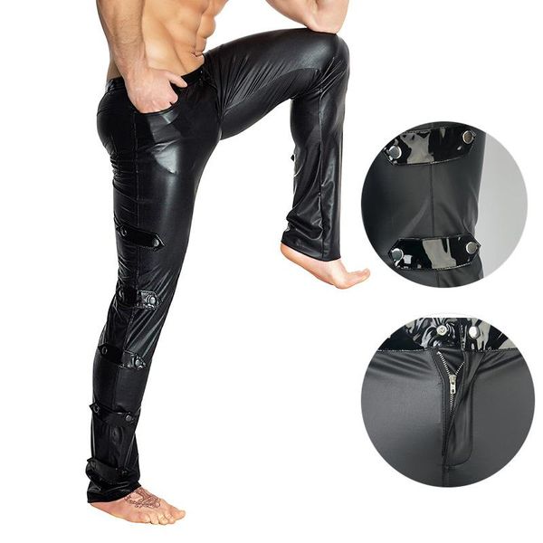 men's pants plus size fake sashes moto biker pu legging mens low waist night club punk stage pant button pockets bodycon trousers, Black
men's pants plus size fake sashes moto biker pu legging mens low waist night club punk stage pant button pockets bodycon trousers, Black