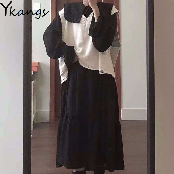 vintage girls 2 pcs set white sweater vest suits+black long dress korean women suit vestido loose long shirt dresses streetwear 210619
vintage girls 2 pcs set white sweater vest suits+black long dress korean women suit vestido loose long shirt dresses streetwear 210619