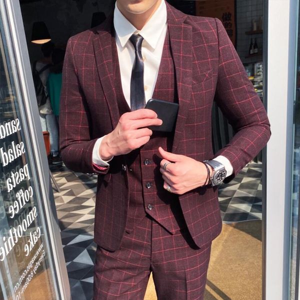 men's suits & blazers (jacket + vest vest) men's plaid suits with male business blazer fine adjustment male marriage groom tuxedo, White;black