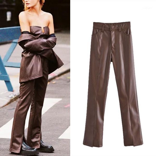 women's pants & capris 2021 autumn faux leather slits hem women za fashion high street long pant vintage waist chic zipper female trous, Black;white
women's pants & capris 2021 autumn faux leather slits hem women za fashion high street long pant vintage waist chic zipper female trous, Black;white