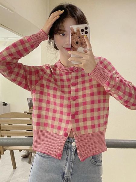 women's knits & tees hit color o neck pink plaid knitted sweater autumn gentle long sleeve blue cropped cardigan sueters de mujer sweet, White
women's knits & tees hit color o neck pink plaid knitted sweater autumn gentle long sleeve blue cropped cardigan sueters de mujer sweet, White