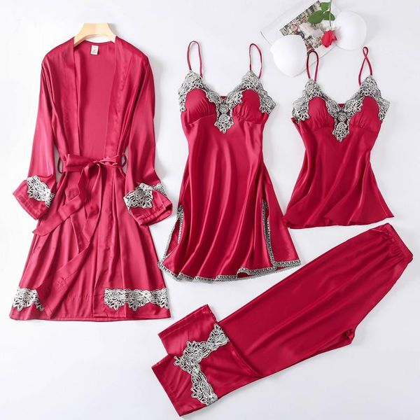women's sleepwear spring and summer four-piece pajamas long-sleeved lace-up jacket suspender nightdress home set, Black;red
women's sleepwear spring and summer four-piece pajamas long-sleeved lace-up jacket suspender nightdress home set, Black;red