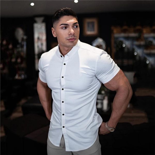 men's dress shirts men fashion casual short sleeve solid shirt super slim fit male social business fitness sports stretch clothing, White;black
men's dress shirts men fashion casual short sleeve solid shirt super slim fit male social business fitness sports stretch clothing, White;black