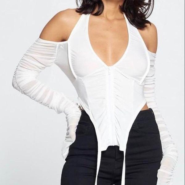 women's t-shirt 2021 mesh sheer tshirts tees off the shoulder backless clubwear crop women halter zippers cropped shirts, White
women's t-shirt 2021 mesh sheer tshirts tees off the shoulder backless clubwear crop women halter zippers cropped shirts, White