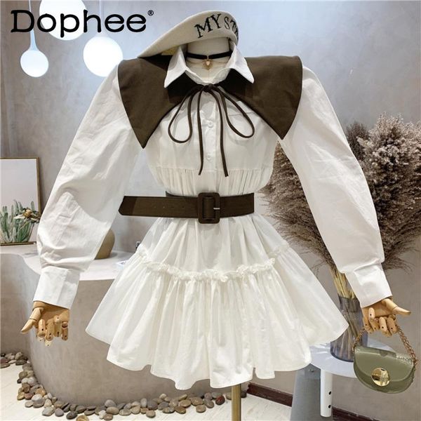 casual dresses 2021 autumn ruffles shirt dress women's korean-style long-sleeved slim waist white mini with shawl fashion two-piece set, Black;gray
casual dresses 2021 autumn ruffles shirt dress women's korean-style long-sleeved slim waist white mini with shawl fashion two-piece set, Black;gray