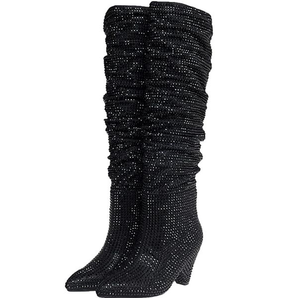 luxury rhinestone shiny pleated knee high boots new style female pointed toe thick heel fashionable catwalk boots, Black
luxury rhinestone shiny pleated knee high boots new style female pointed toe thick heel fashionable catwalk boots, Black