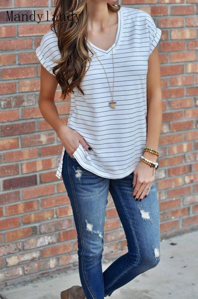 women's t-shirt mandylandy fashion striped summer casual short sleeve slim fit v-neck split pullover, White
women's t-shirt mandylandy fashion striped summer casual short sleeve slim fit v-neck split pullover, White