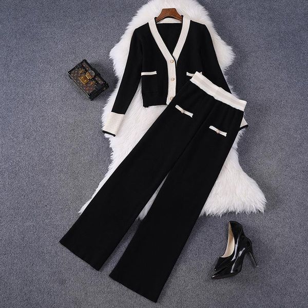 women's two piece pants 2021 autumn winter women casual knitted black suit color block v-neck cardigans and long trousers set, White
women's two piece pants 2021 autumn winter women casual knitted black suit color block v-neck cardigans and long trousers set, White