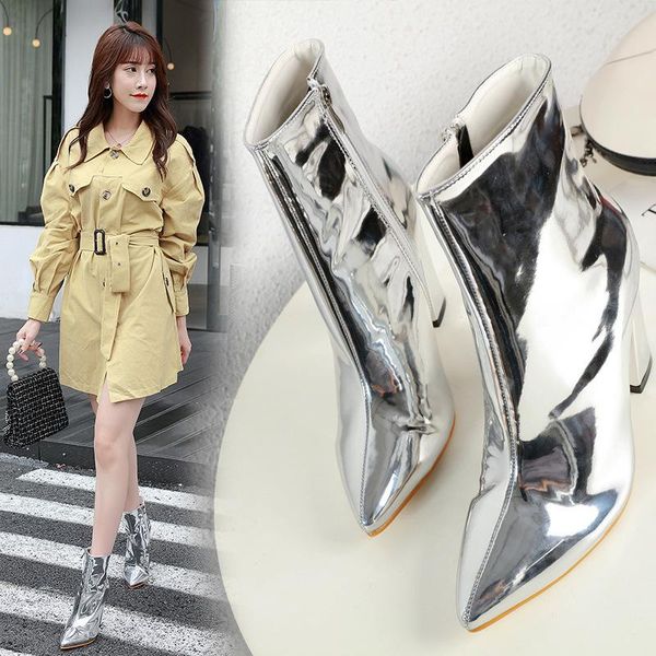boots thick pointed high heel 2021 winter patent leather short women, Black 
boots thick pointed high heel 2021 winter patent leather short women, Black
