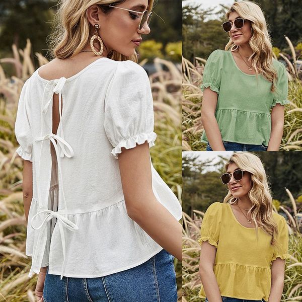 women summer new european and american women's open back bandage sweet cool yellow short sleeve t-shirt, White
women summer new european and american women's open back bandage sweet cool yellow short sleeve t-shirt, White
