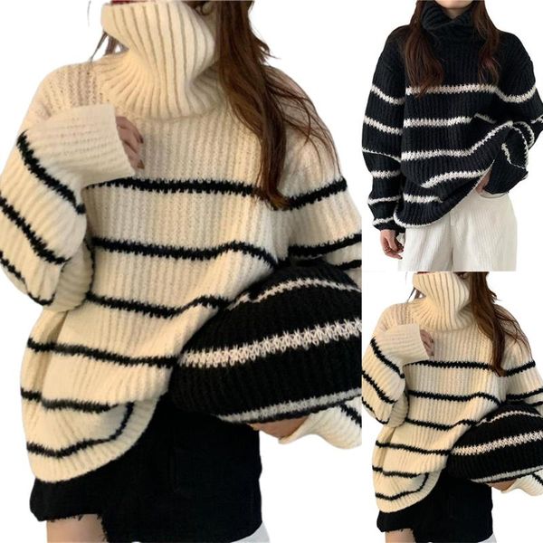 women's sweaters stripe high collar sweater thick vintage striped winter warm knitwear long sleeve casual loose jumper, White;black
women's sweaters stripe high collar sweater thick vintage striped winter warm knitwear long sleeve casual loose jumper, White;black