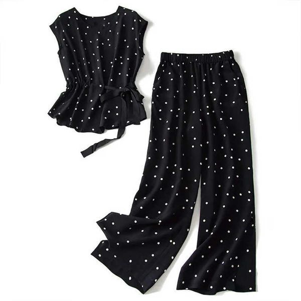 matching suit polka dot chiffon trousers two-piece large size summer korean fashion retro casual wide leg pants suit 211009, White;black