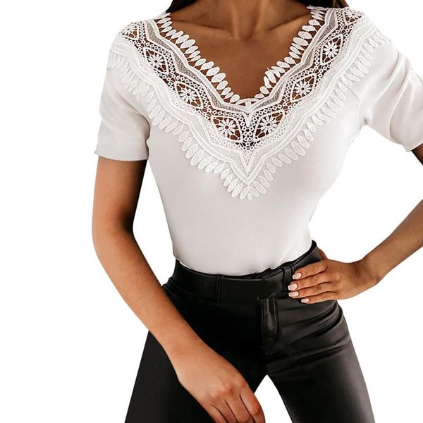 women's t-shirt women elegant short sleeve summer 2021, crochet hollow out lace v neck solid color t-shirts, White
women's t-shirt women elegant short sleeve summer 2021, crochet hollow out lace v neck solid color t-shirts, White
