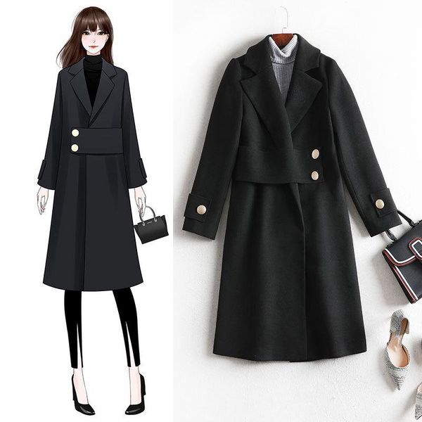 women's wool & blends spring and autumn woolen coats fashion temperament pure color coat outdoor leisure mid-length windbreaker, Black
women's wool & blends spring and autumn woolen coats fashion temperament pure color coat outdoor leisure mid-length windbreaker, Black