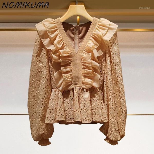 women's blouses & shirts nomikuma lace shirt korean hollow-out ruffle v-neck blouse elegant slim waist 2021 autumn women blusas de muj, White
women's blouses & shirts nomikuma lace shirt korean hollow-out ruffle v-neck blouse elegant slim waist 2021 autumn women blusas de muj, White