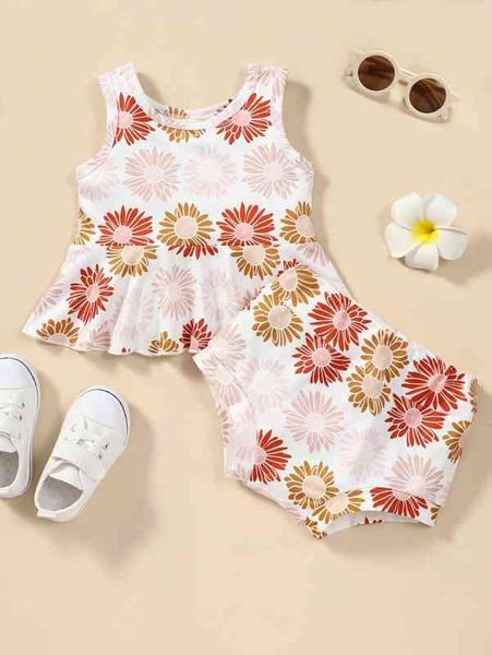 baby floral print ruffle hem tank & shorts she, Blue