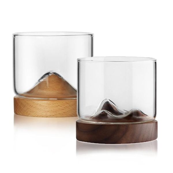

wine glasses mountain whiskey glass with wooden base rocks beer juice cup bar el drinkware creative gift elegant wood goblet