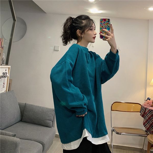 2021 new college style loose stitching fake two-piece drop-shoulder sleeves pure color hoodless sweatshirt simple ure0, Black
2021 new college style loose stitching fake two-piece drop-shoulder sleeves pure color hoodless sweatshirt simple ure0, Black