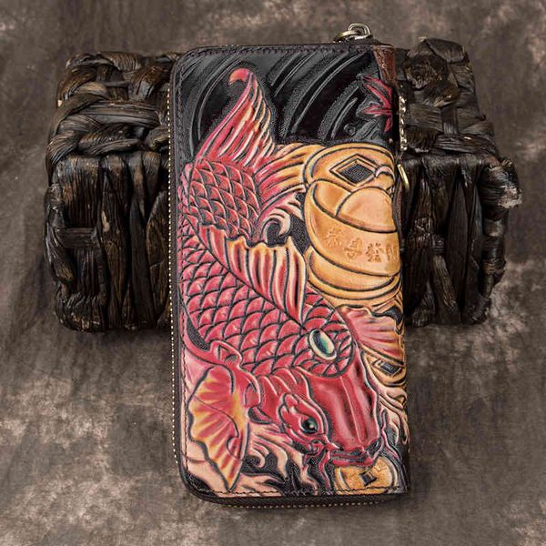 wallet zhaocai carp color handmade long men's and women's leather carving process zipper, Red;black
wallet zhaocai carp color handmade long men's and women's leather carving process zipper, Red;black