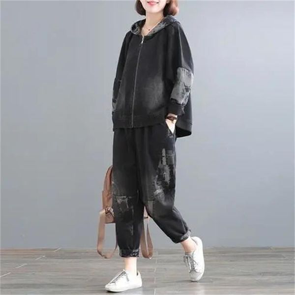 women's two piece pants retro women jeans suits 2021 autumn oversize hooded stitching denim casual fashion suit female two-piece sets c, White
women's two piece pants retro women jeans suits 2021 autumn oversize hooded stitching denim casual fashion suit female two-piece sets c, White