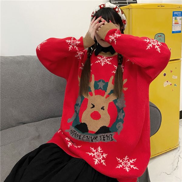 2021 new autumn and winter retro deer jacquard loose knit trend women's thick sweater 399n, White;black
2021 new autumn and winter retro deer jacquard loose knit trend women's thick sweater 399n, White;black