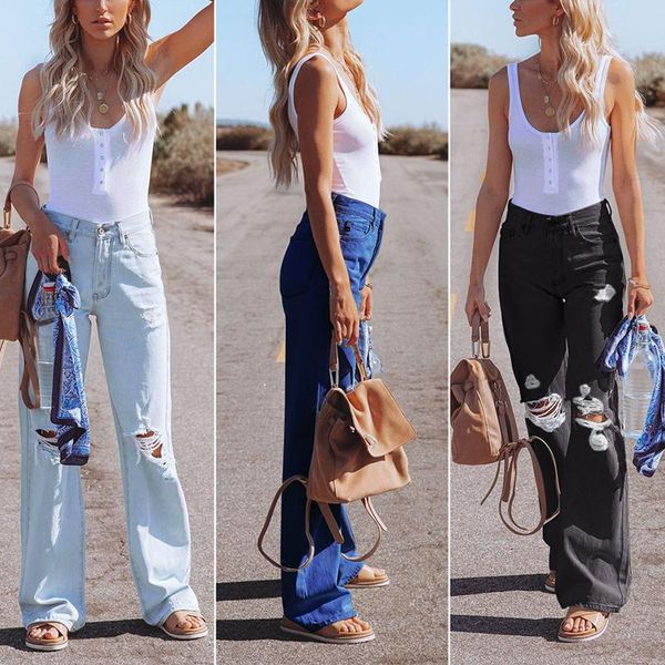 women's jeans high-waist cotton washed denim trousers with holes wide leg pants retro modified straight thigh buttocks female, Blue
women's jeans high-waist cotton washed denim trousers with holes wide leg pants retro modified straight thigh buttocks female, Blue