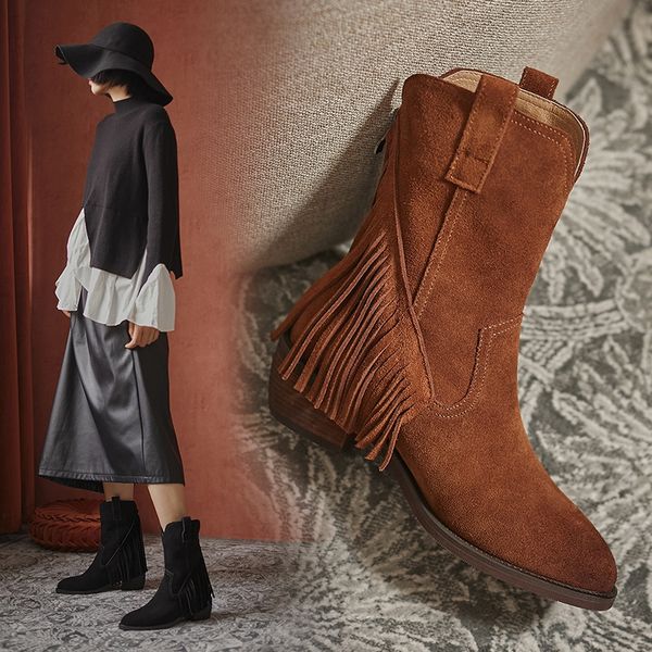 2021 new cow suede western boots women high heels ankle booties round toe shoes female tassel shoes ladies shoes plus size 42, Black
2021 new cow suede western boots women high heels ankle booties round toe shoes female tassel shoes ladies shoes plus size 42, Black