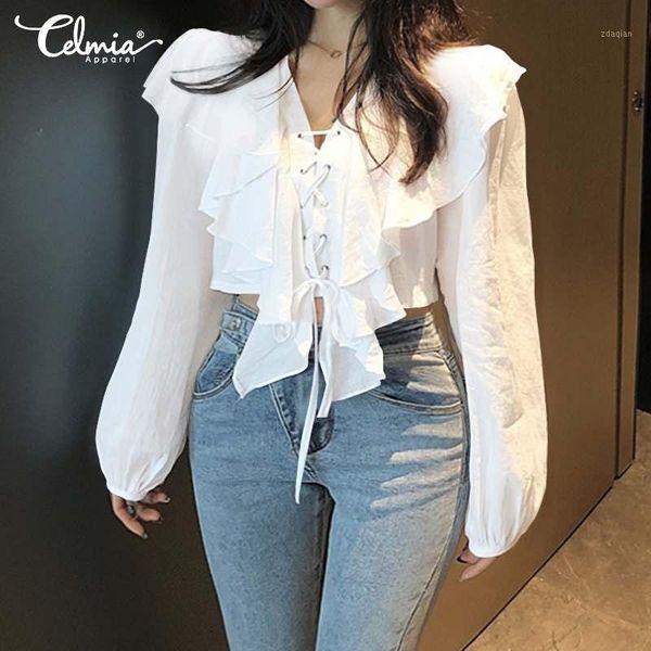 women's blouses & shirts celmia women fashion summer 2021 ladies v-neck lace up casual elegant office ruffled plus size blusas, White
women's blouses & shirts celmia women fashion summer 2021 ladies v-neck lace up casual elegant office ruffled plus size blusas, White