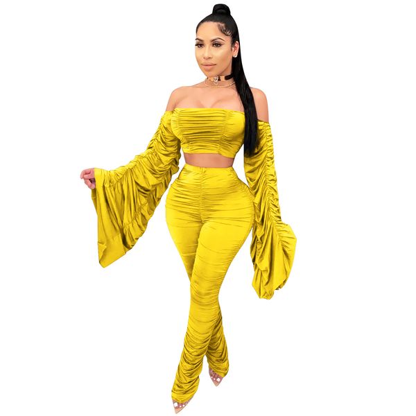 ruched two piece set slash neck flare sleeve and stacked pants fashion womens 2 piece set, White
ruched two piece set slash neck flare sleeve and stacked pants fashion womens 2 piece set, White