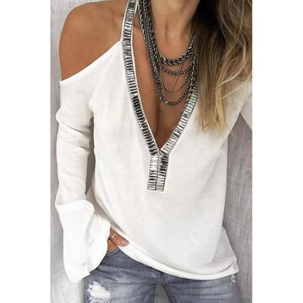 2021 sequins v neck cold shoulder t-shirts women long sleeve solid color large size sequins decoration tshirts mujer, White
2021 sequins v neck cold shoulder t-shirts women long sleeve solid color large size sequins decoration tshirts mujer, White