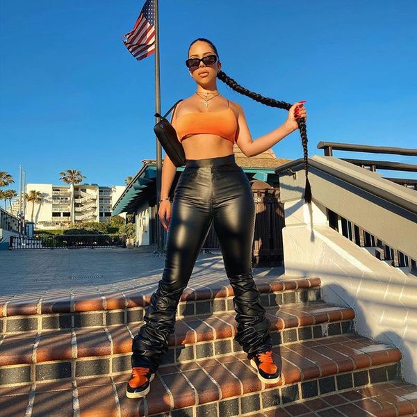women's leggings rooftrellen 8%spandex pu leather women stacked female high waist casual party streetwear pants, Black
women's leggings rooftrellen 8%spandex pu leather women stacked female high waist casual party streetwear pants, Black