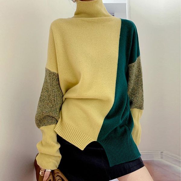 women's sweaters women turtleneck knitted sweater vintage color contrast pullover female basic warm korean loose irregular winter, White;black
women's sweaters women turtleneck knitted sweater vintage color contrast pullover female basic warm korean loose irregular winter, White;black