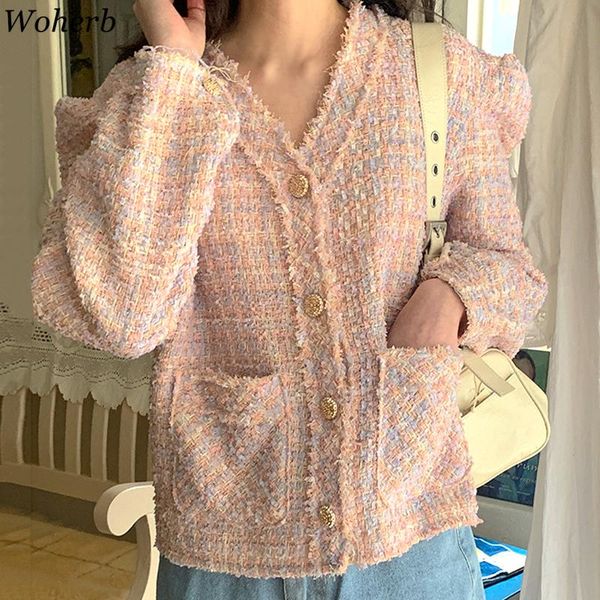 women's jackets woherb 2021 tweed short coat ladies autumn elegant all match v-neck fringe single-breasted loose all-match puff sleeve, Black;brown
women's jackets woherb 2021 tweed short coat ladies autumn elegant all match v-neck fringe single-breasted loose all-match puff sleeve, Black;brown