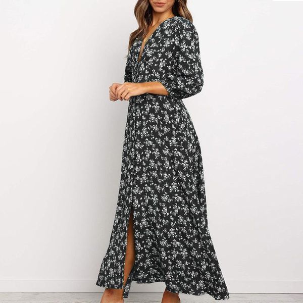 casual dresses 2021 vintage floral print maxi dress women boho three quarter sleeve long turn down collar shirt robe, Black;gray 
casual dresses 2021 vintage floral print maxi dress women boho three quarter sleeve long turn down collar shirt robe, Black;gray