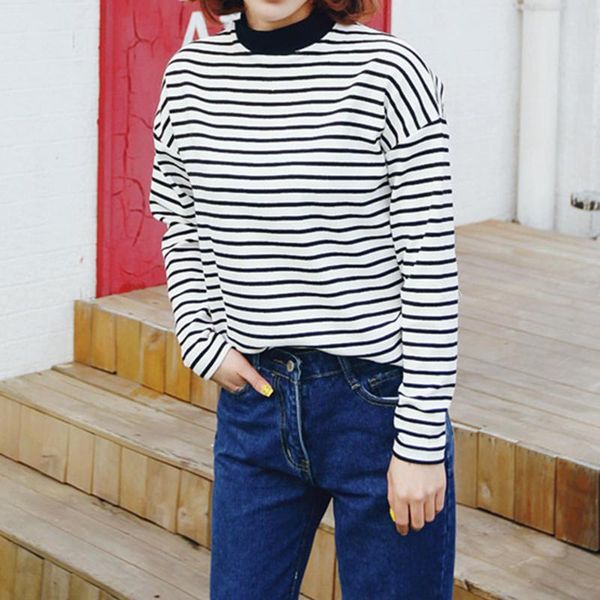 women's t-shirt women casual long sleeve o neck pullover horizontal stripes loose turtleneck t shirt female spring autumn, White
women's t-shirt women casual long sleeve o neck pullover horizontal stripes loose turtleneck t shirt female spring autumn, White