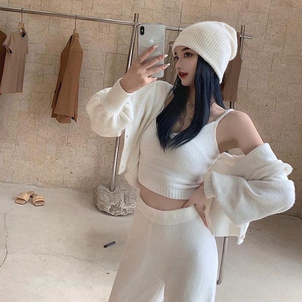 women's two piece pants 3 pieces set women clothing hooded cardigan sweater+camisole+knitted, White
women's two piece pants 3 pieces set women clothing hooded cardigan sweater+camisole+knitted, White