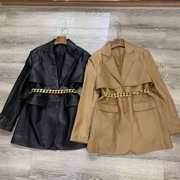 women's leather & faux spring autumn designer chic chian belt genuine blazers jackets b627, Black
women's leather & faux spring autumn designer chic chian belt genuine blazers jackets b627, Black