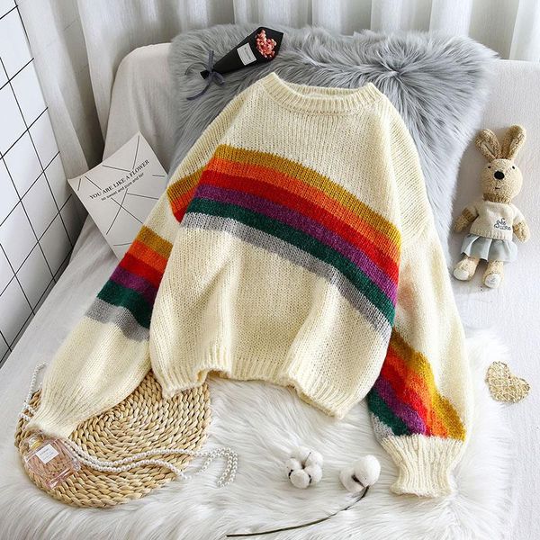 women's sweaters 2021 rainbow striped sweater korean women clothes oversized o-neck long sleeve knitted pullovers fall sueter coat outw, White;black
women's sweaters 2021 rainbow striped sweater korean women clothes oversized o-neck long sleeve knitted pullovers fall sueter coat outw, White;black