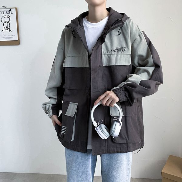 color matching work men's korean fashion loose hooded jacket and handsome casual top, Black;brown
color matching work men's korean fashion loose hooded jacket and handsome casual top, Black;brown