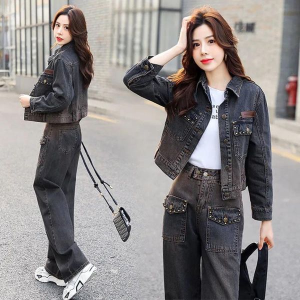 women's two piece pants retro rivet denim short jacket wide leg trousers women 2021 early autumn fashion chics two-piece suit, White
women's two piece pants retro rivet denim short jacket wide leg trousers women 2021 early autumn fashion chics two-piece suit, White